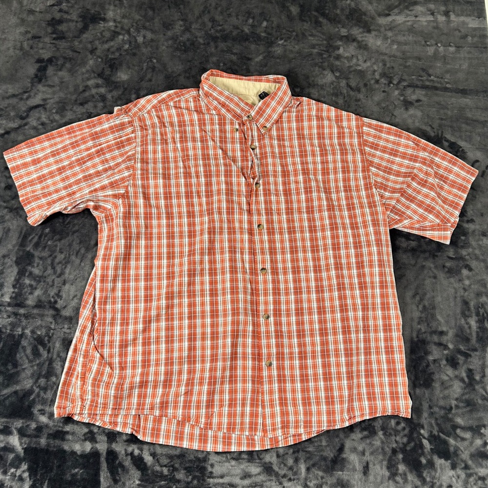 The Foundry Button Down Shirt Mens 2XL Orange Plaid Short Sleeve Cotton Casual
